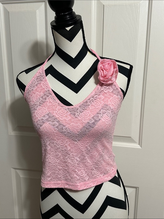 White Fox Boutique Tops - White Fox Pink Lace Halter Tank with Floral Rosette